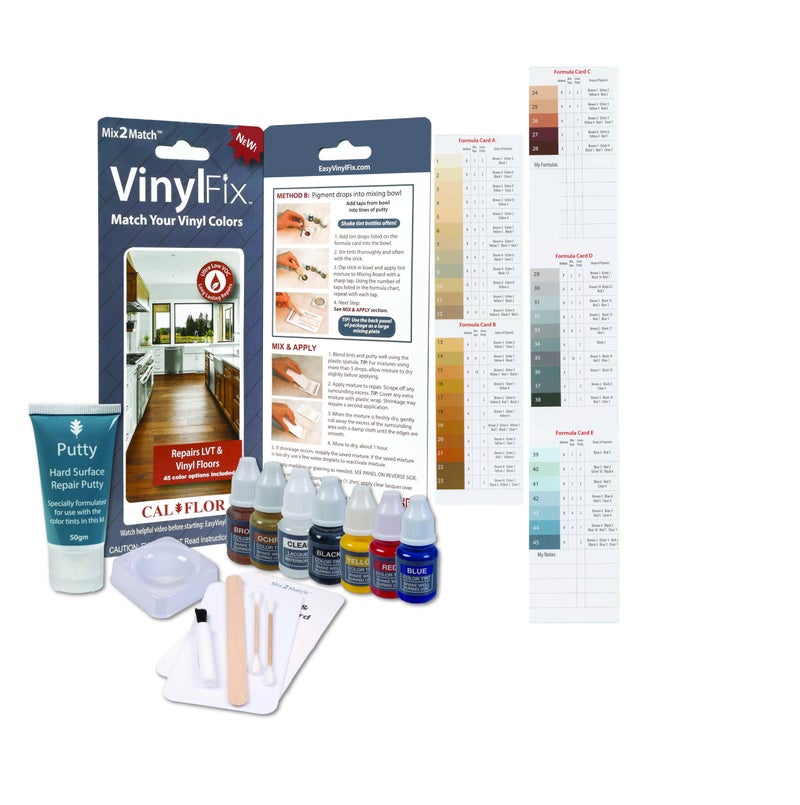 CalFlor VinylFix Mix2Match Vinyl & LVT Repair Kit - Acrylic Putty + 7 Pigments, 45 Color Formulas - Image 1