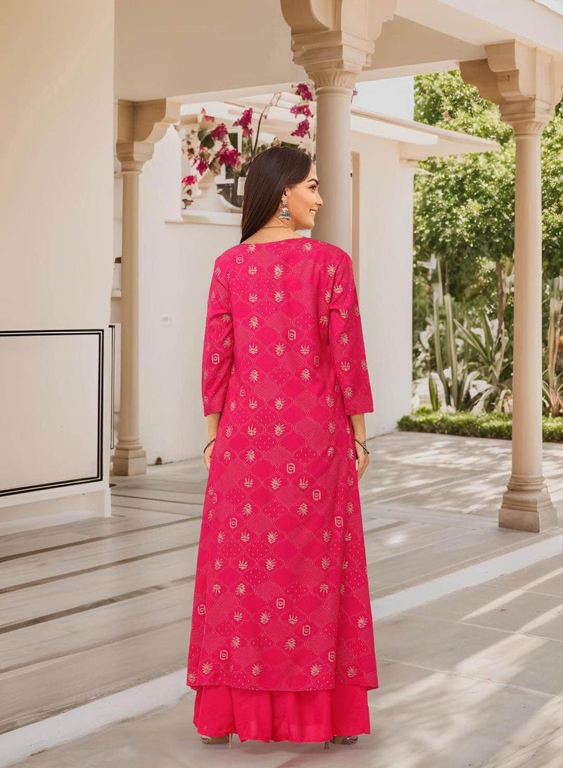 ISHIN Women's Pink 100% Cotton Embellished Tunic Full Length Palazzo Straight Fit Kurta Set - Image 5
