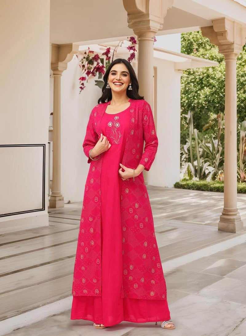 ISHIN Women's Pink 100% Cotton Embellished Tunic Full Length Palazzo Straight Fit Kurta Set - Image 1