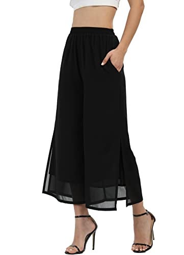 heipeiwa Women's Summer Capris Wide Leg Palazzo Pants Dressy Casual Split Chiffon Trousers - Image 2