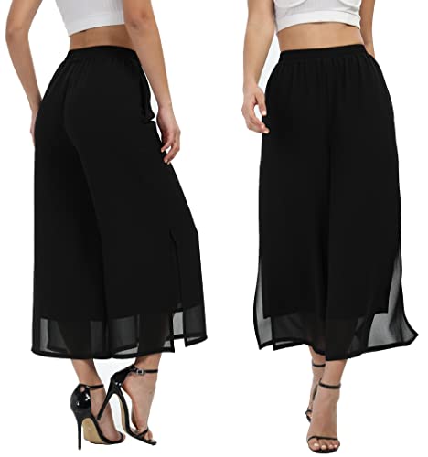heipeiwa Women's Summer Capris Wide Leg Palazzo Pants Dressy Casual Split Chiffon Trousers - Image 3