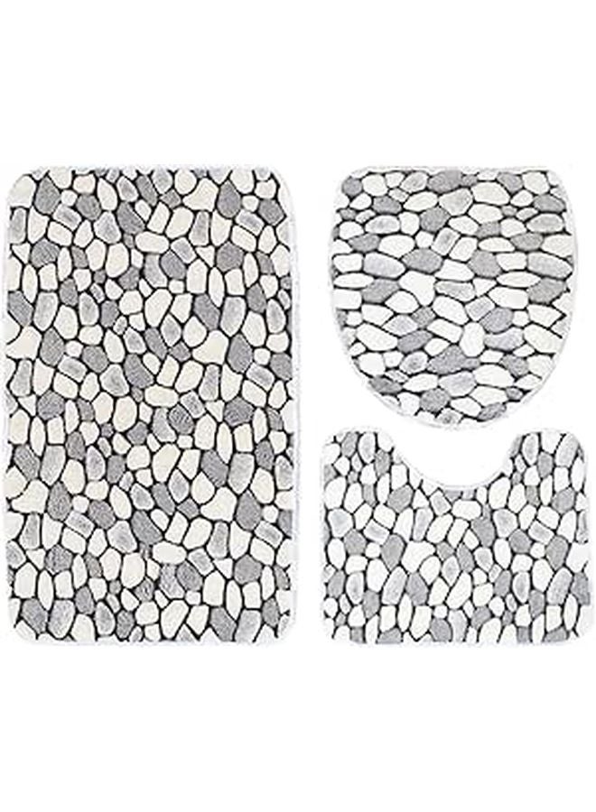 Grey Coral Fleece Bathroom Floor Mat Set 3pcs Non Slip Water Absorbent Toilet Lid Cover - Image 1