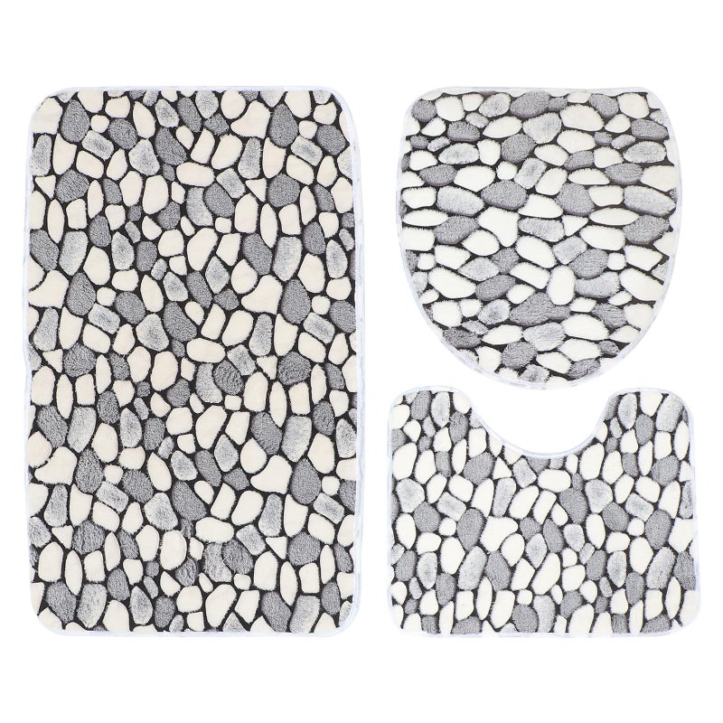Grey Coral Fleece Bathroom Floor Mat Set 3pcs Non Slip Water Absorbent Toilet Lid Cover - Image 2