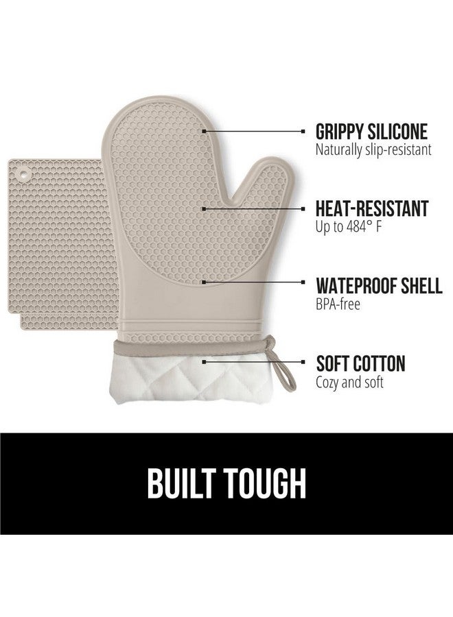 Gorilla Grip GORILLA GRIP BPA-Free Soft Silicone Oven Mitts Potholder Set of 4, Heat Resistant Hot Pads, Thick Cotton Lined Cooking Mitt, Long Gloves Protect Hands, Kitchen Waterproof Trivet Mats, 12.5 in, Almond  - Image 2
