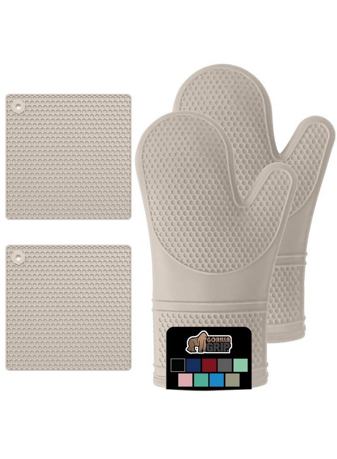 Gorilla Grip GORILLA GRIP BPA-Free Soft Silicone Oven Mitts Potholder Set of 4, Heat Resistant Hot Pads, Thick Cotton Lined Cooking Mitt, Long Gloves Protect Hands, Kitchen Waterproof Trivet Mats, 12.5 in, Almond  - Image 1