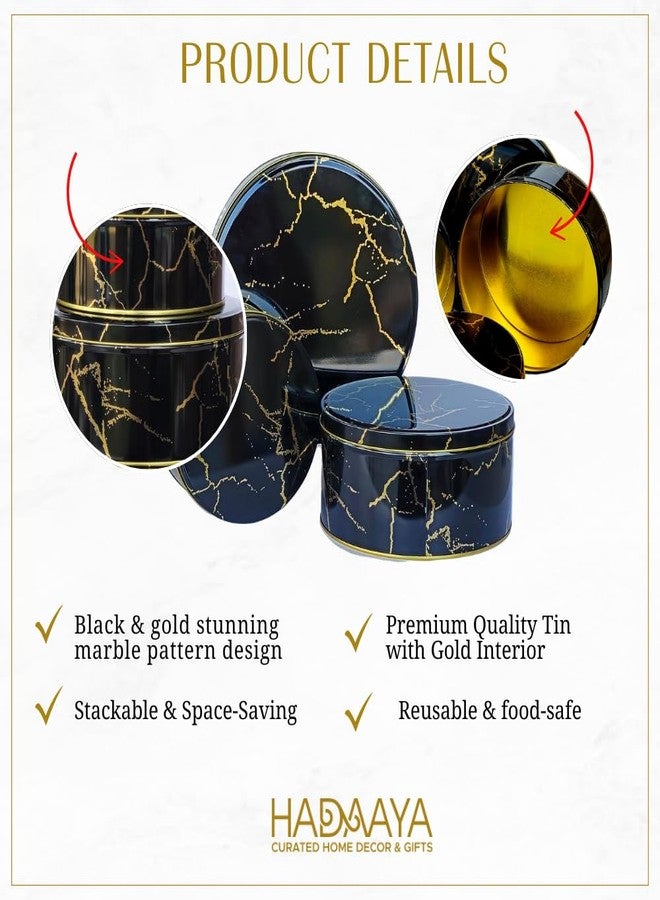 hadaaya Pack of 3 Round Metal Nesting Tins - Stackable Storage Containers with Lids for Cookies, Candy, Snacks, Crafts & Kitchen Storage - Black & Gold Gift Tin Box for Valentines Day Gift - Image 3