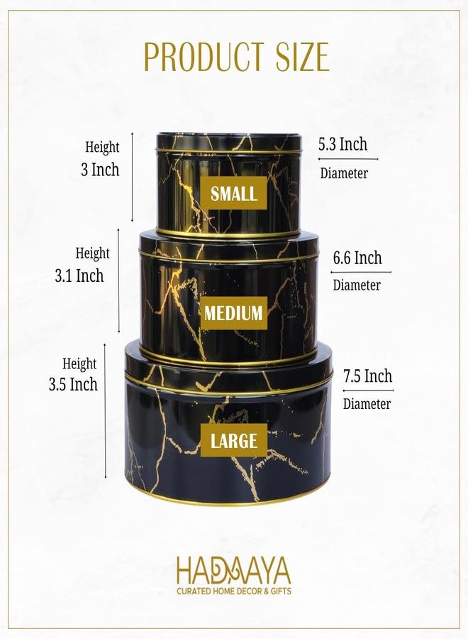 hadaaya Pack of 3 Round Metal Nesting Tins - Stackable Storage Containers with Lids for Cookies, Candy, Snacks, Crafts & Kitchen Storage - Black & Gold Gift Tin Box for Valentines Day Gift - Image 2