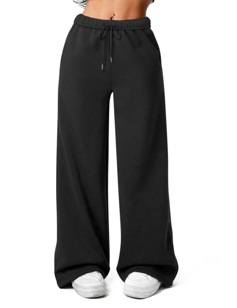 FACDIBY Fleece Lined Sweatpants for Women Wide Leg High Waisted Sweat Pants Baggy Drawstring Sherpa Straight Leg Lounge Pants Black S - Image 1