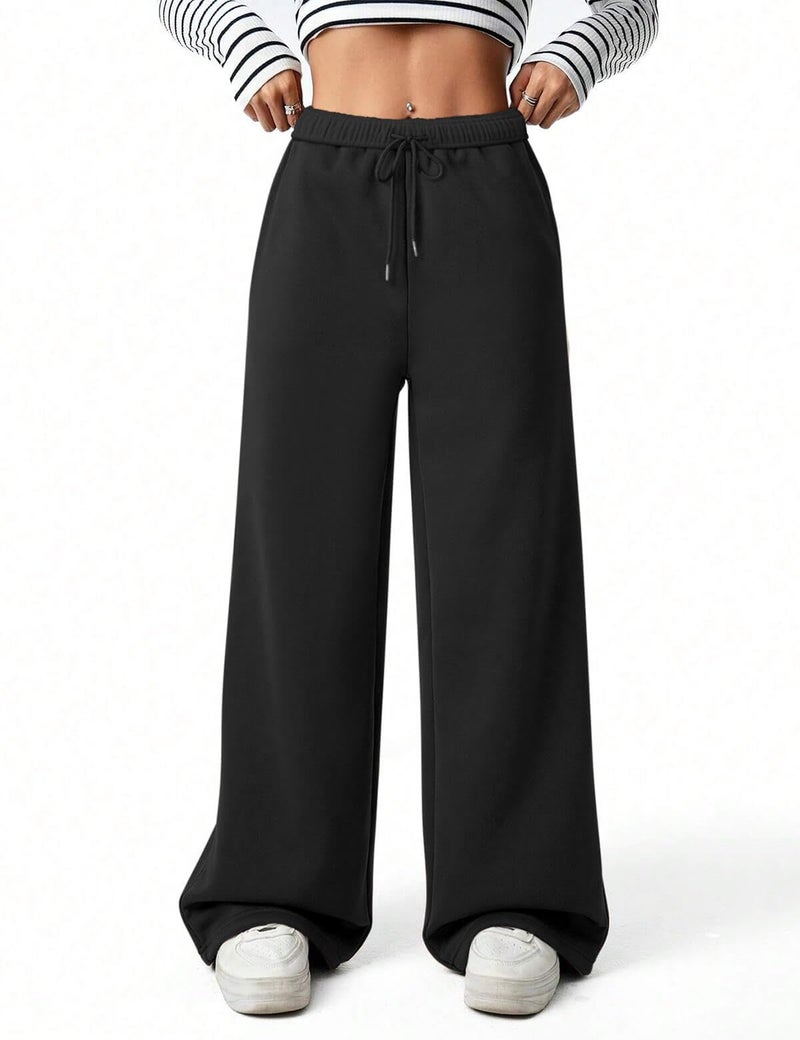 FACDIBY Fleece Lined Sweatpants for Women Wide Leg High Waisted Sweat Pants Baggy Drawstring Sherpa Straight Leg Lounge Pants Black S - Image 4
