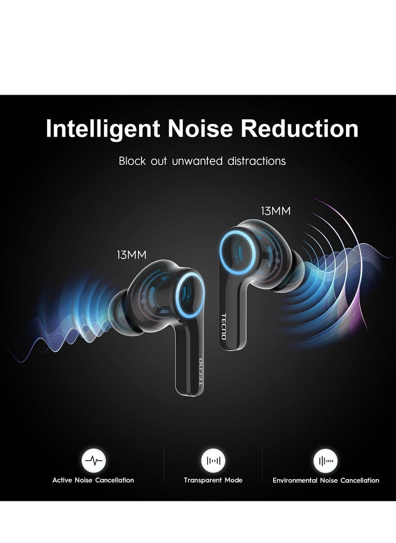 Techno - Tecno True Wireless Bluetooth Earbuds Noise Cancelling, ANC Bluetooth Headphone with Microphone and Breathing Light, USB-C Waterproof Earphones with Touch Control for Android iOS, H3 Black - Image 1