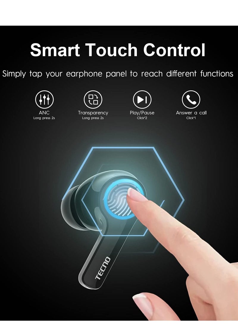 Techno - Tecno True Wireless Bluetooth Earbuds Noise Cancelling, ANC Bluetooth Headphone with Microphone and Breathing Light, USB-C Waterproof Earphones with Touch Control for Android iOS, H3 Black - Image 1