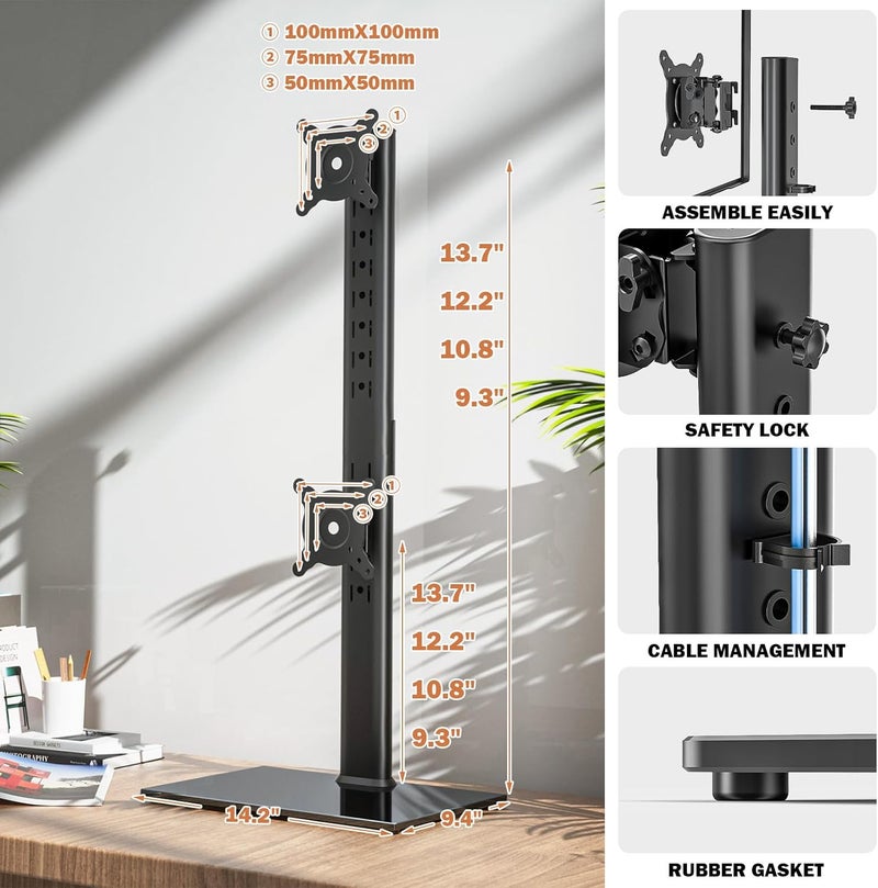 Hemudu Dual Monitor Stand - Vertical Stack Screen Free-Standing Monitor Riser Fits Two 13 to 34 Inch Screen with Swivel, Tilt, Height Adjustable, Holds One (1) Screen up to 20kg HT05B-002 - Image 5
