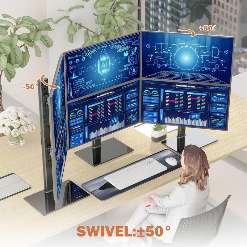 Hemudu Dual Monitor Stand - Vertical Stack Screen Free-Standing Monitor Riser Fits Two 13 to 34 Inch Screen with Swivel, Tilt, Height Adjustable, Holds One (1) Screen up to 20kg HT05B-002 - Image 2