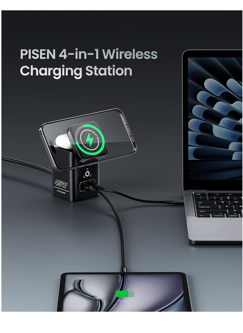 Pisen - 45W Gan Fast 4 in 1 Magnetic Wireless Charging Station for Multiple Devices Portable Charger Stand For iPhone 16/15/14/13 Samsung S24/S23 Macbooks iwatches and Airpods 45W USB C Output & 15W Wireless Charging Included 1.2M Power Cable - Image 1