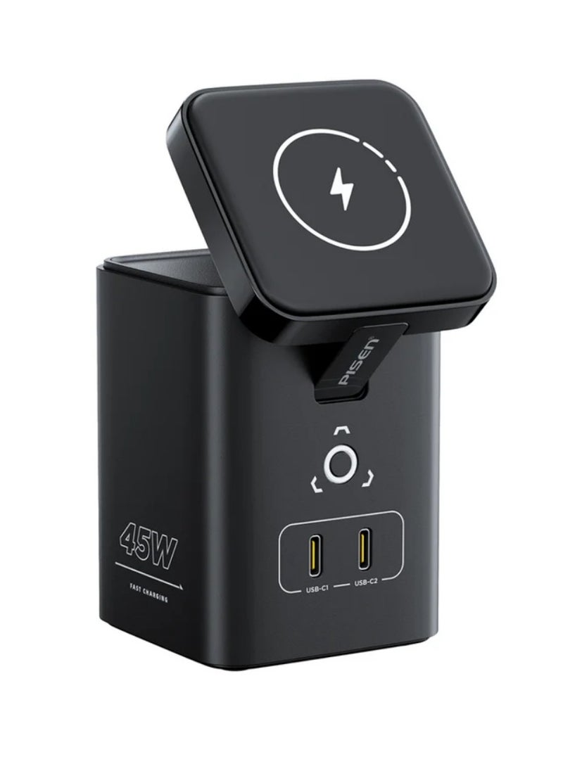Pisen - 45W Gan Fast 4 in 1 Magnetic Wireless Charging Station for Multiple Devices Portable Charger Stand For iPhone 16/15/14/13 Samsung S24/S23 Macbooks iwatches and Airpods 45W USB C Output & 15W Wireless Charging Included 1.2M Power Cable - Image 1