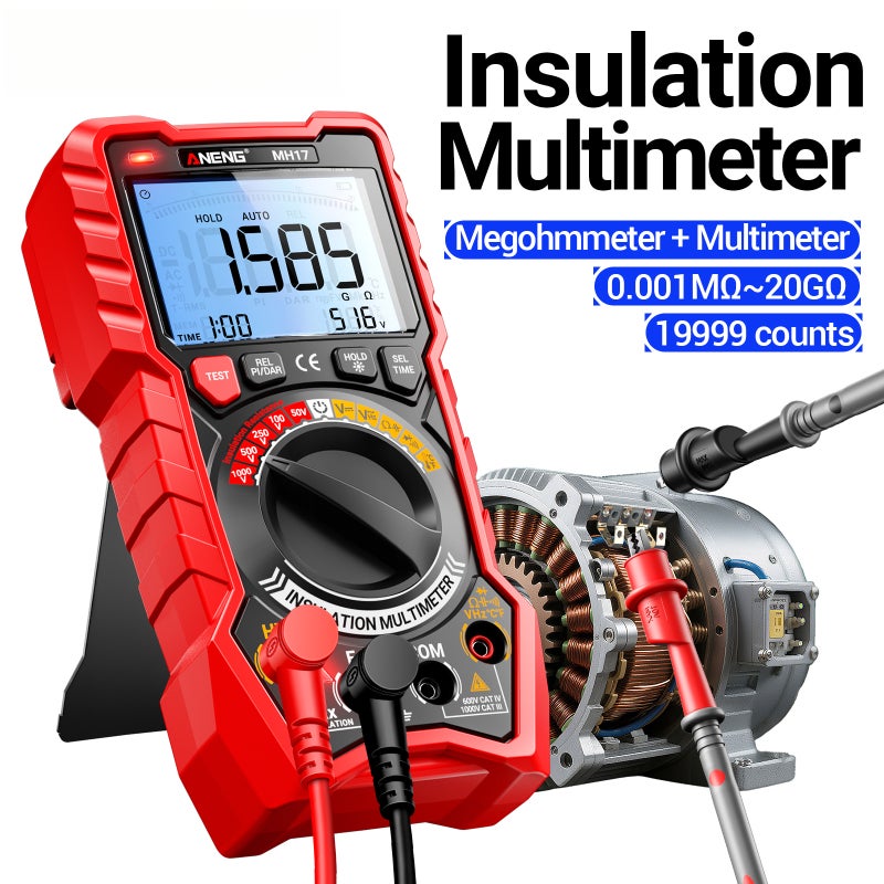 2-in-1 Multimeter Red: Insulation Resistance Tester With 0.001MΩ–20GΩ Range - PI DAR Functions Backlit LCD Rechargeable Lithium Batteries for Automotive HVAC Industrial Electrical Testing - Image 2