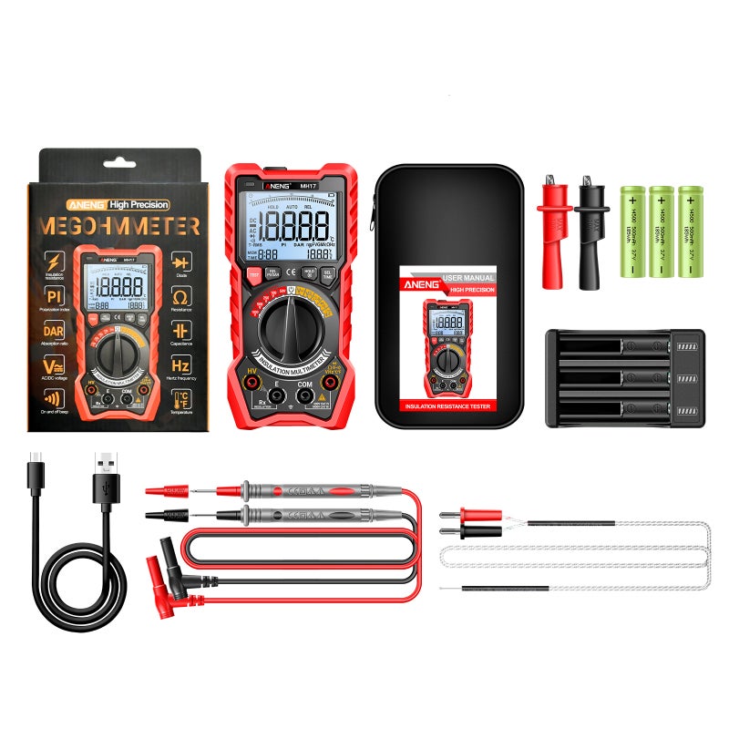 2-in-1 Multimeter Red: Insulation Resistance Tester With 0.001MΩ–20GΩ Range - PI DAR Functions Backlit LCD Rechargeable Lithium Batteries for Automotive HVAC Industrial Electrical Testing - Image 1