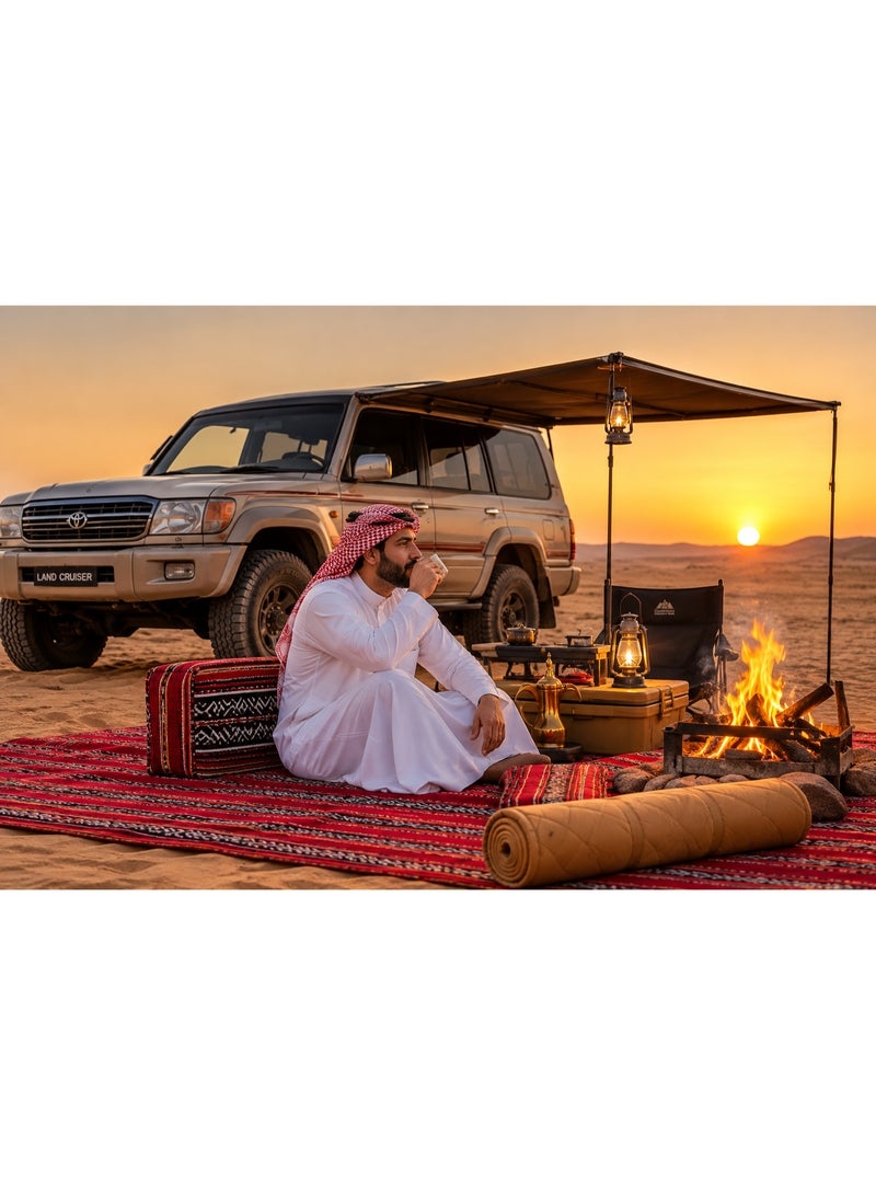 GO2CAMPS Traditional Arabic Sadu Camping Mat [ 75 x 200 CM ] Waterproof and Cusioned with Soft Fabric Material, Arabian Majlis Floor Mat & Picnic Rug, Authentic Bedouin Al Sadu weaving, Traditional Sadu Design Outdoor Seating Carpet, Soft Cushioned Portable Roll-Up Mat for Camping, Desert Trips, Family Gatherings, Majlis & Picnics - Image 5