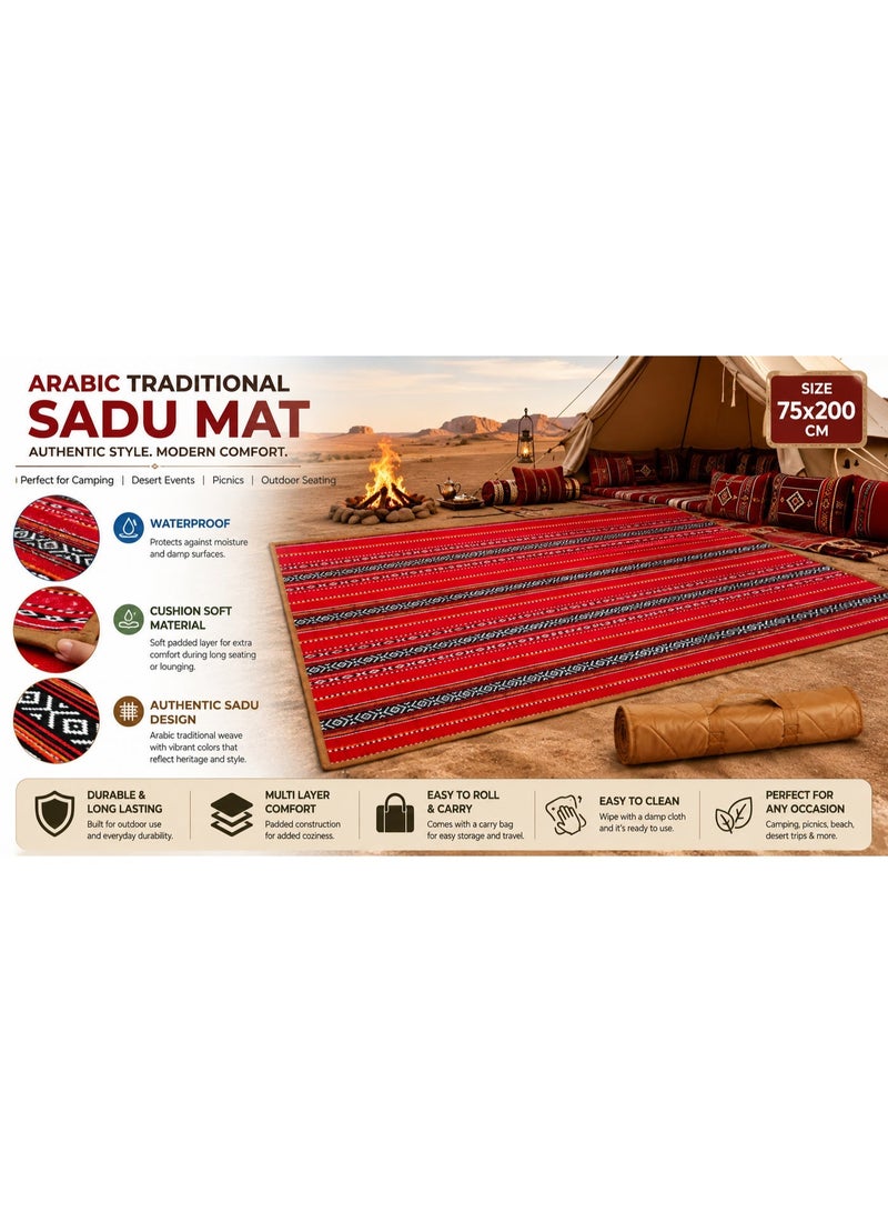 GO2CAMPS Traditional Arabic Sadu Camping Mat [ 75 x 200 CM ] Waterproof and Cusioned with Soft Fabric Material, Arabian Majlis Floor Mat & Picnic Rug, Authentic Bedouin Al Sadu weaving, Traditional Sadu Design Outdoor Seating Carpet, Soft Cushioned Portable Roll-Up Mat for Camping, Desert Trips, Family Gatherings, Majlis & Picnics - Image 3