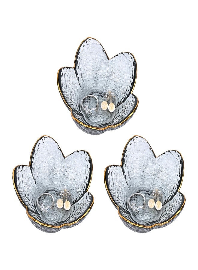 Koythin 3-Piece Glass Jewelry Tray, Small Trinket Holder for Necklace Bracelet Earring, Ring Holder for Bathroom, Aesthetic Trinket Dish, Flower Nightstand Decor for Girl Mom Women (Grey) - Image 1