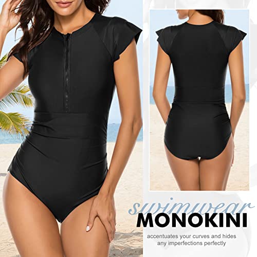 Wolddress Women Modest One Piece Bathing Suit Short Sleeve Tummy Control Swimsuit Zipper Surfing Athletic Rash Guard Black S - Image 5