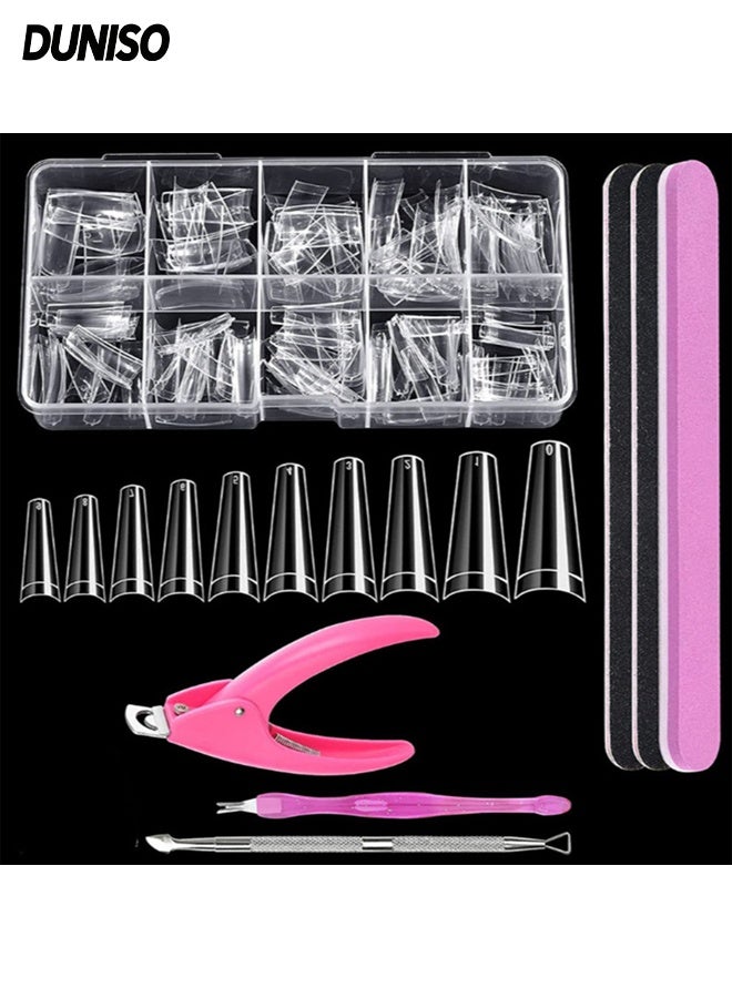 DUNISO 500Pcs Full Cover Clear False Nail Tips Set Long Fake Acrylic Nail Kit with Nail Clipper, Polishing Strip, Nail Files, Nail Buffer and Cuticle Fork 10 Sizes Pre Shaped Extend Nails Full Cover Set with Storage Box for Beginner and Professional Home Salon DIY - Image 1