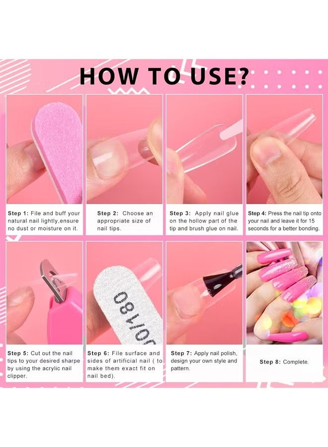 DUNISO 500Pcs Full Cover Clear False Nail Tips Set Long Fake Acrylic Nail Kit with Nail Clipper, Polishing Strip, Nail Files, Nail Buffer and Cuticle Fork 10 Sizes Pre Shaped Extend Nails Full Cover Set with Storage Box for Beginner and Professional Home Salon DIY - Image 4
