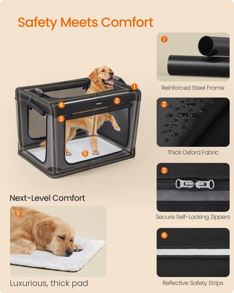 Feandrea Collapsible Dog Crate, 36-Inch Portable Dog Travel Crate for Large Dogs, Oxford Fabric Pet Carrier with 4 Mesh Doors, Handles, Storage Pocket, Water Bottle Holder, Ink Black UPDC019B01 - Image 5