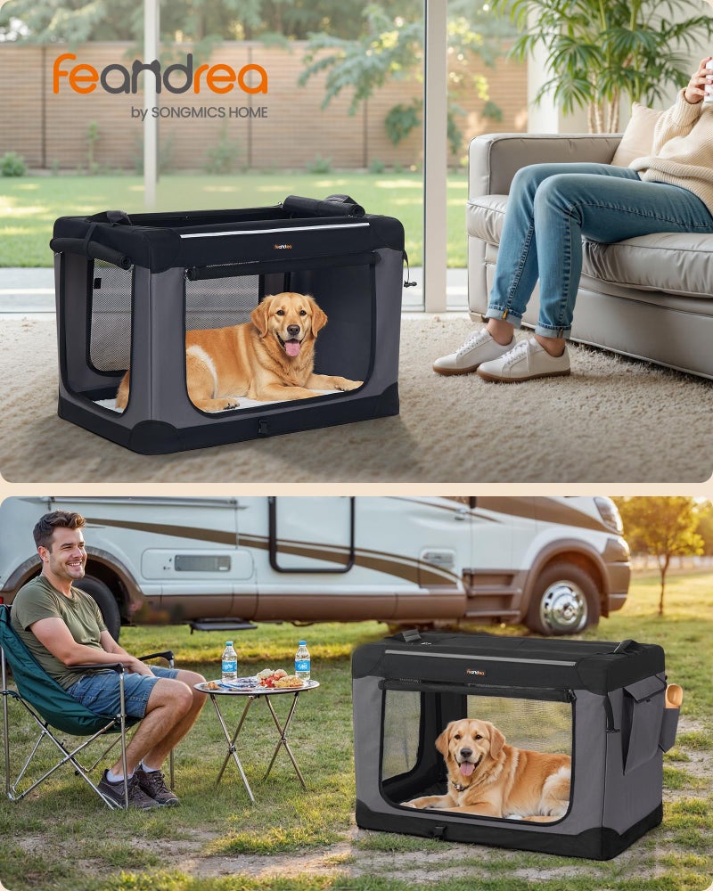 Feandrea Collapsible Dog Crate, 36-Inch Portable Dog Travel Crate for Large Dogs, Oxford Fabric Pet Carrier with 4 Mesh Doors, Handles, Storage Pocket, Water Bottle Holder, Ink Black UPDC019B01 - Image 2