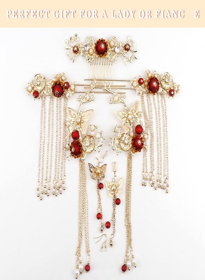 FERCAISH Butterfly Tassel Hair Clip Set, Classic Style Pearl Hair Clip Tassel Hairpin Comb Earrings Hair Accessories Set for Traditional Clothes Festive Wedding Cosplay - Image 5