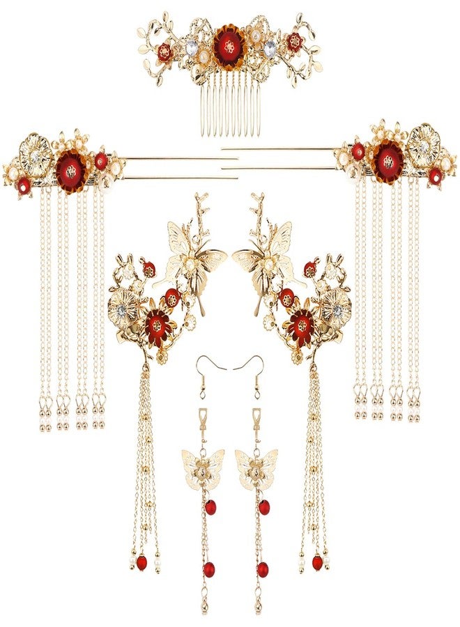 FERCAISH Butterfly Tassel Hair Clip Set, Classic Style Pearl Hair Clip Tassel Hairpin Comb Earrings Hair Accessories Set for Traditional Clothes Festive Wedding Cosplay - Image 1