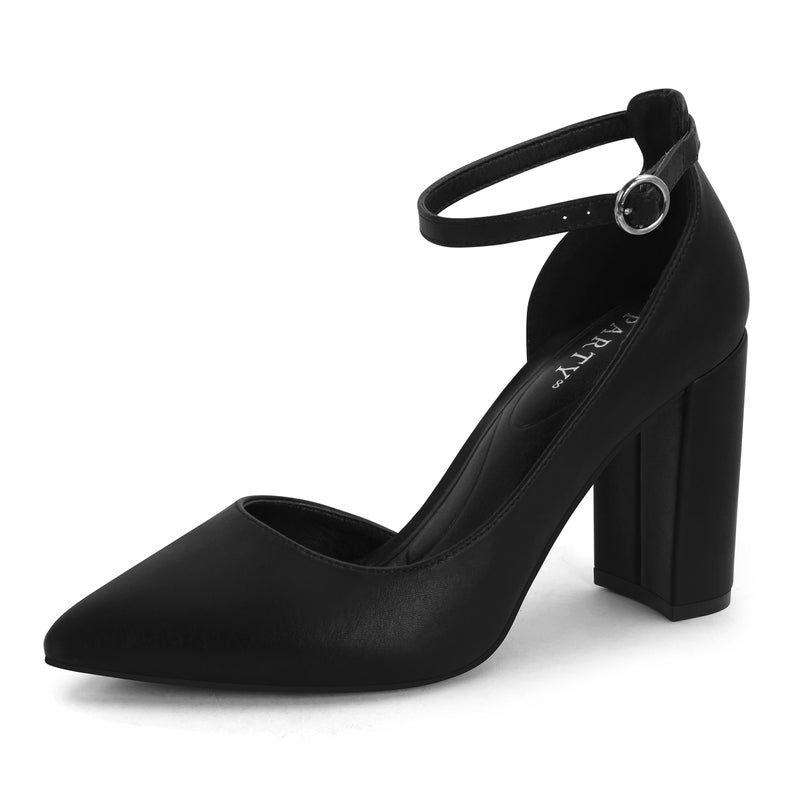 PARTY Women's Closed Toe Pumps 3-Inch Chunky Heels Pumps Ankle Strap Dress Wedding Shoes,Black Pu A,9,S1 - Image 1