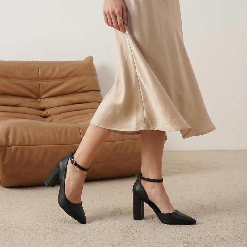 PARTY Women's Closed Toe Pumps 3-Inch Chunky Heels Pumps Ankle Strap Dress Wedding Shoes,Black Pu A,9,S1 - Image 3