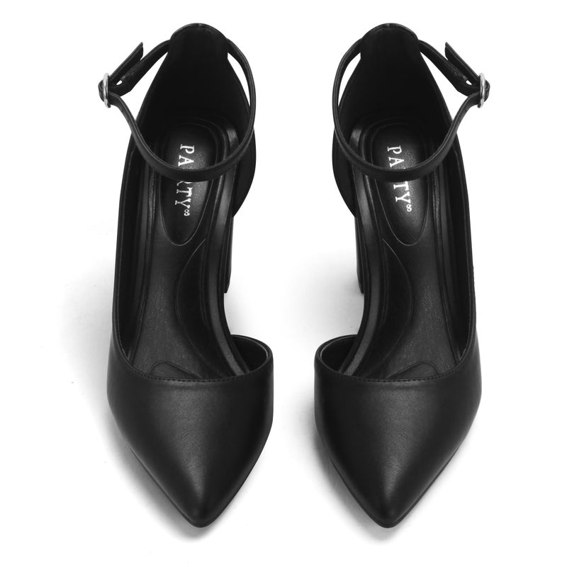 PARTY Women's Closed Toe Pumps 3-Inch Chunky Heels Pumps Ankle Strap Dress Wedding Shoes,Black Pu A,9,S1 - Image 4