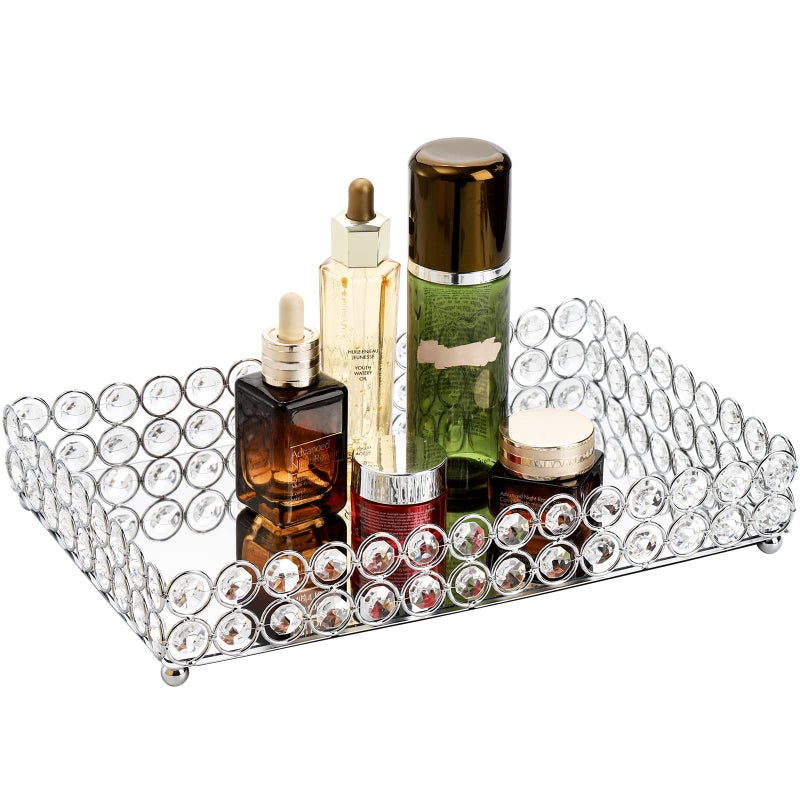 Hedume Crystal Cosmetic Mirrored Makeup Tray 123 x 8 Large Jewelry Organizer Ornate Decorative Vanity Tray for Dresser Countertop Wedding Home Bathroom
