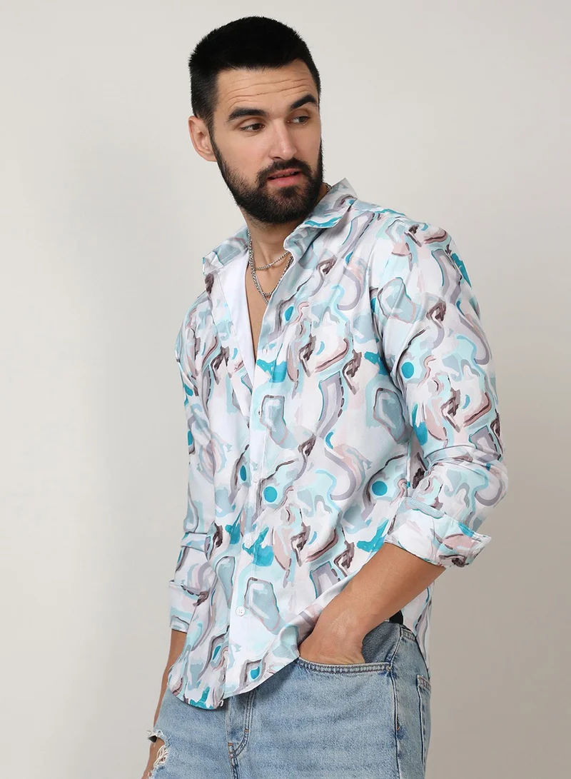 Campus Sutra Campus Sutra Men's Sky Blue & Ivory White Fluid Fade Shirt For Casual Wear | Spread Collar | Long Sleeve | Button Closure | Shirt Crafted With Comfort Fit For Everyday Wear