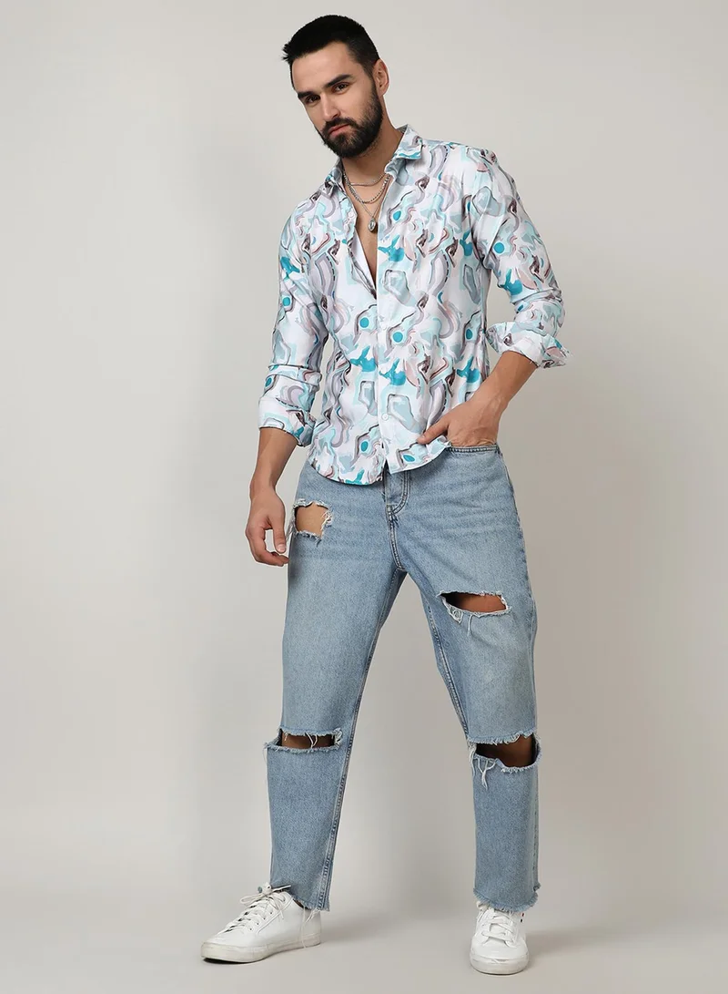 Campus Sutra Campus Sutra Men's Sky Blue & Ivory White Fluid Fade Shirt For Casual Wear | Spread Collar | Long Sleeve | Button Closure | Shirt Crafted With Comfort Fit For Everyday Wear