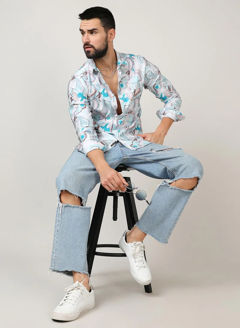 Campus Sutra Campus Sutra Men's Sky Blue & Ivory White Fluid Fade Shirt For Casual Wear | Spread Collar | Long Sleeve | Button Closure | Shirt Crafted With Comfort Fit For Everyday Wear