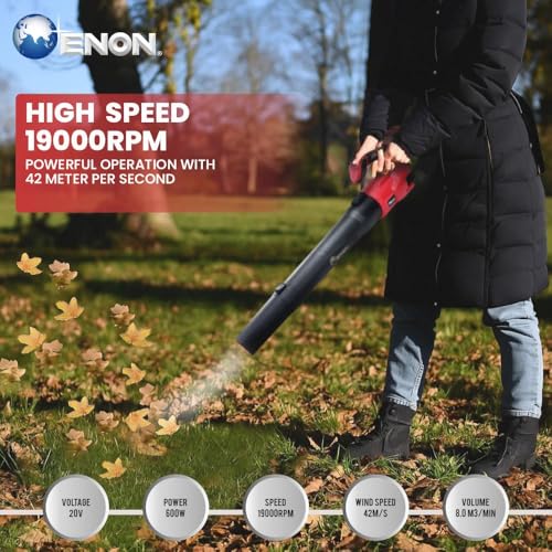 Enon Cordless Long Leaf Blower, 5.0AH, 20V, Brushless, 2 Batteries, 7 Accessories, 22500 Powerful RPM, Handheld with Variable-Speed for Gardening Works, Lawn Care, Dust Cleaning (XE-BL6503) - Image 4