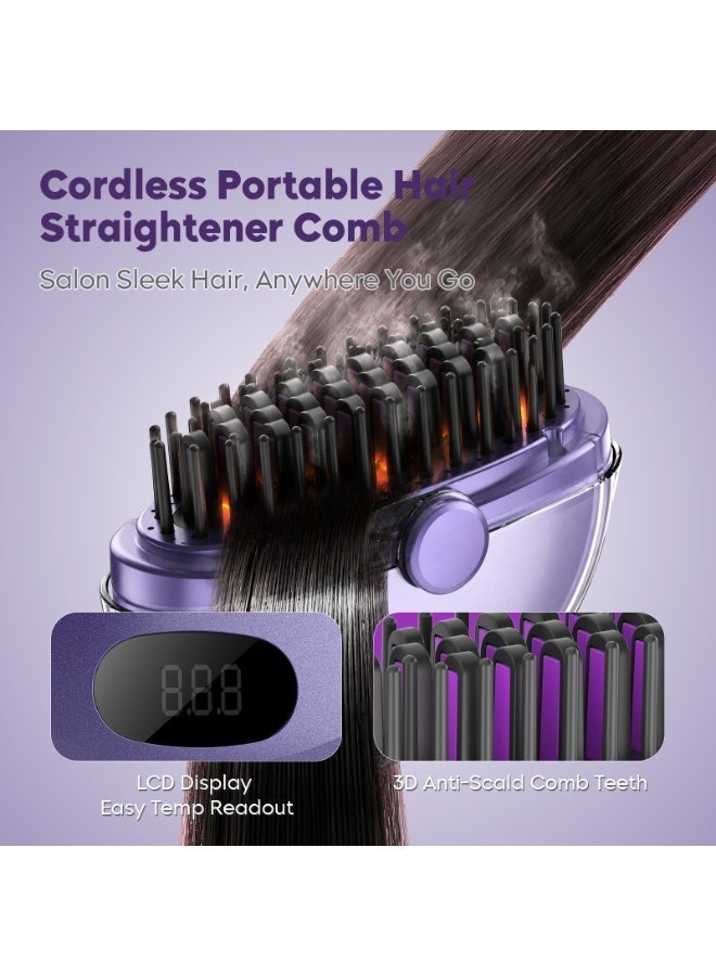 Mini Cordless Hair Straightener Comb, Portable Rechargeable Heated Hair Brush with LCD Display, 3 Heat Levels, Anti-Scald Teeth Hair Straightening Brush for Smooth Frizz-Free Hair, Lightweight & Mini Carry For Travel & Daily Use - Image 4