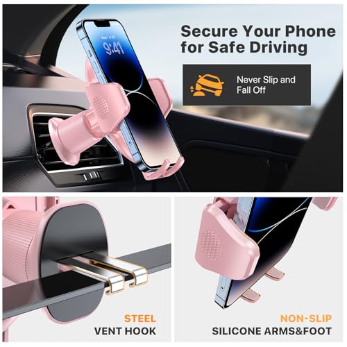 Miracase Phone Holders for Your Car with Metal Hook Clip, Cell Phone Mounts Air Vent Cell Phone Stand Car Mount, Universal Automobile Cradle Fit for iPhone Android and All Smartphones (Pink) - Image 3