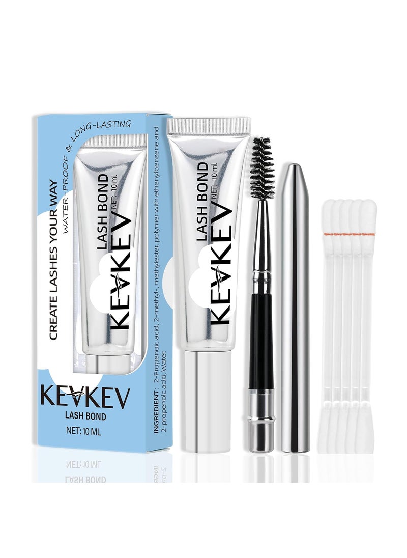 KevKev KevKev Lash Glue 10ml Eyelash Glue for Lash Clusters Lash Extension Waterproof Lash Bond Lasting 48-72 Hours Lash Cluster Glue with Lash Brush and Eyelash Remover Cotton Swabs Set (10ml, Clear) 