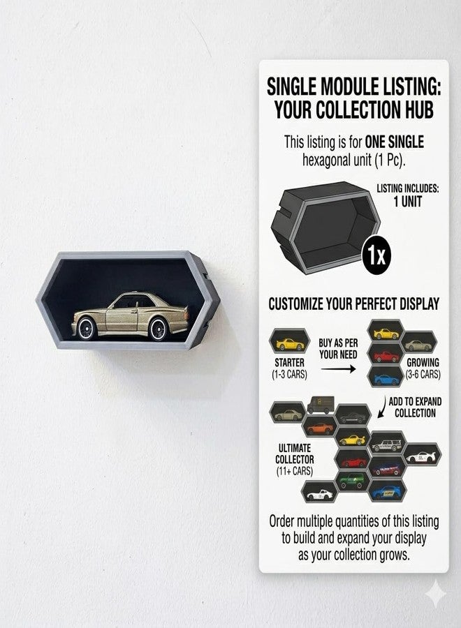 Garage64 رف عرض جداري معياري من Garage64 لسيارات هوت ويلز | رف جداري سداسي الشكل لسيارات مصبوبة بمقياس 1/64 | أسود مطفي، سهل التركيب بدون أدوات | وحدة تخزين قابلة للتوسيع على شكل خلية نحل لسيارات هوت ويلز، ماتش بوكس، وسيارات مصبوبة بمقياس 1:64 (قطعة واحدة) - Image 3