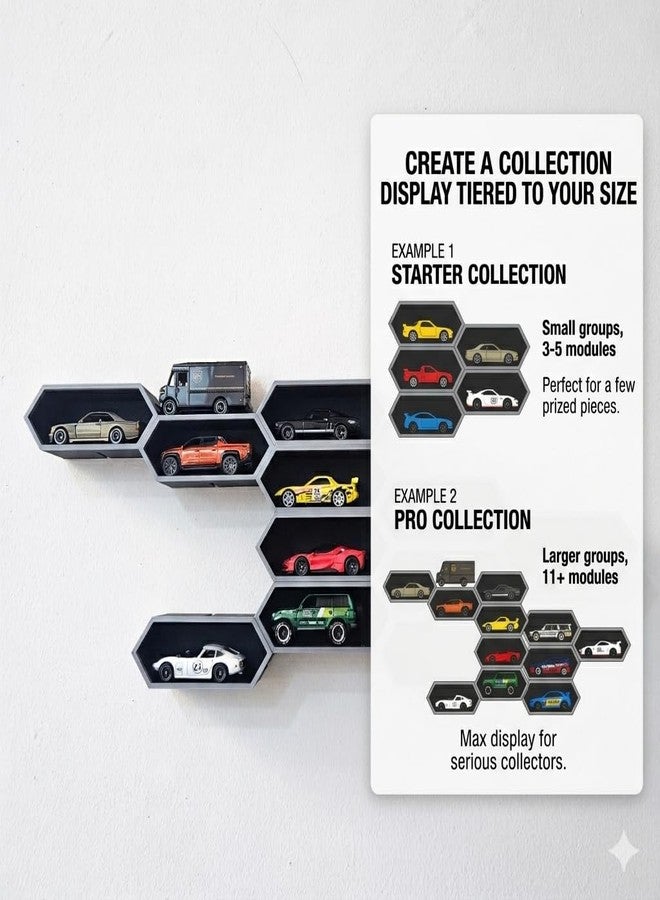 Garage64 رف عرض جداري معياري من Garage64 لسيارات هوت ويلز | رف جداري سداسي الشكل لسيارات مصبوبة بمقياس 1/64 | أسود مطفي، سهل التركيب بدون أدوات | وحدة تخزين قابلة للتوسيع على شكل خلية نحل لسيارات هوت ويلز، ماتش بوكس، وسيارات مصبوبة بمقياس 1:64 (قطعة واحدة) - Image 2