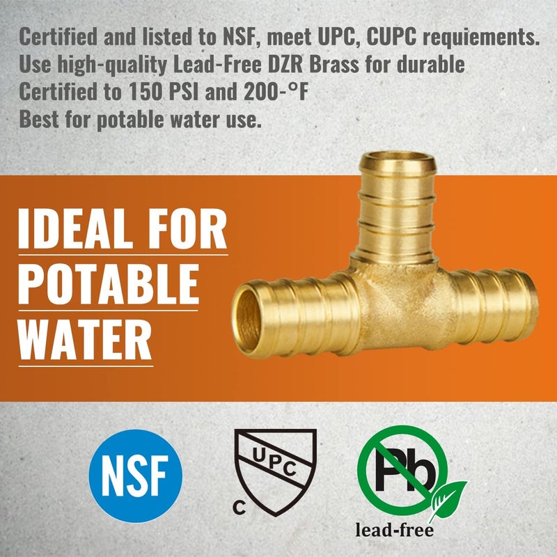 SUNGATOR 5-Pack 1/2" Pex Tee, No Lead Brass 1/2" Inch Pex T Fittings - Image 5