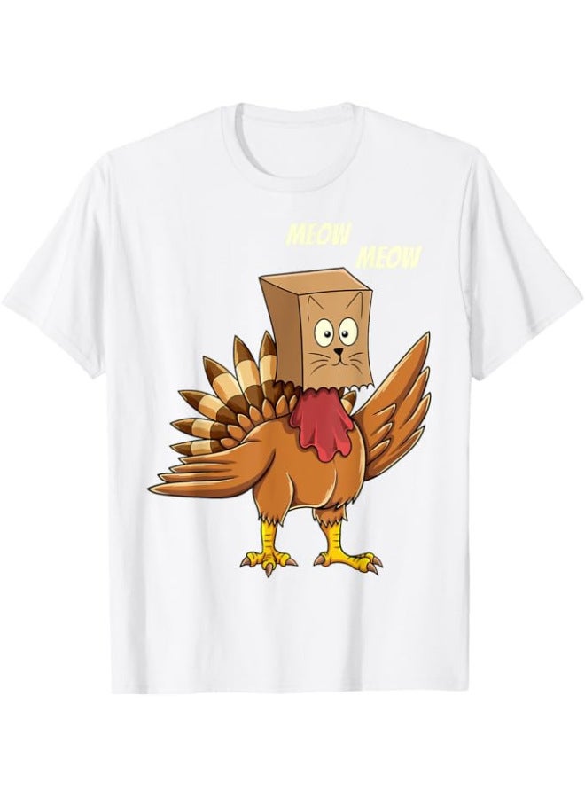 Thanksgiving Turkey Cat Meow Funny Man Woman Thanksgiving 100% Cotton Trendy Novelty T-shirt 01232