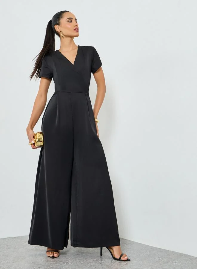 Black Short Sleeves Wide Leg Wrap Jumpsuits
