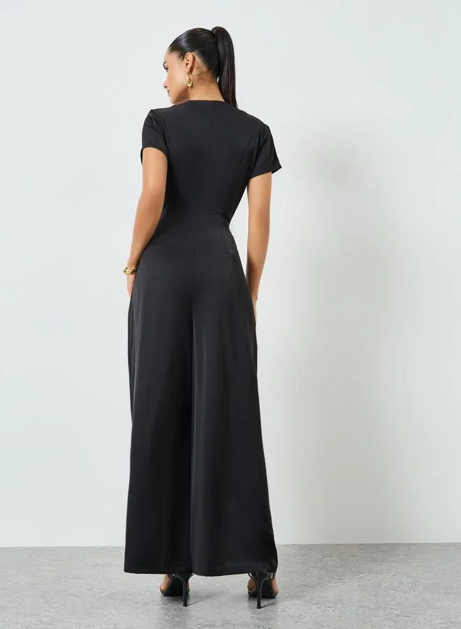 Styli Black Short Sleeves Wide Leg Wrap Jumpsuits
