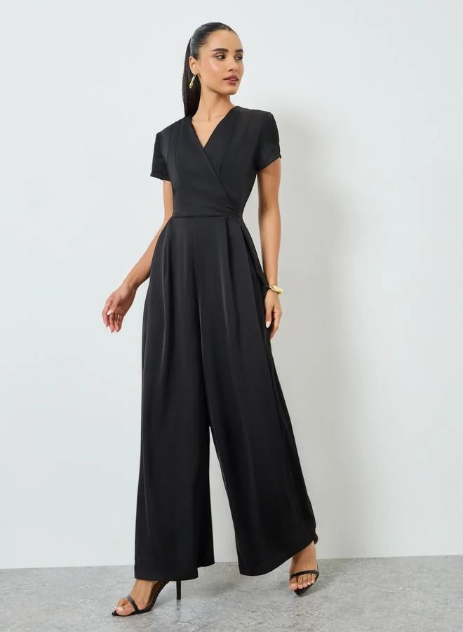 Styli Black Short Sleeves Wide Leg Wrap Jumpsuits