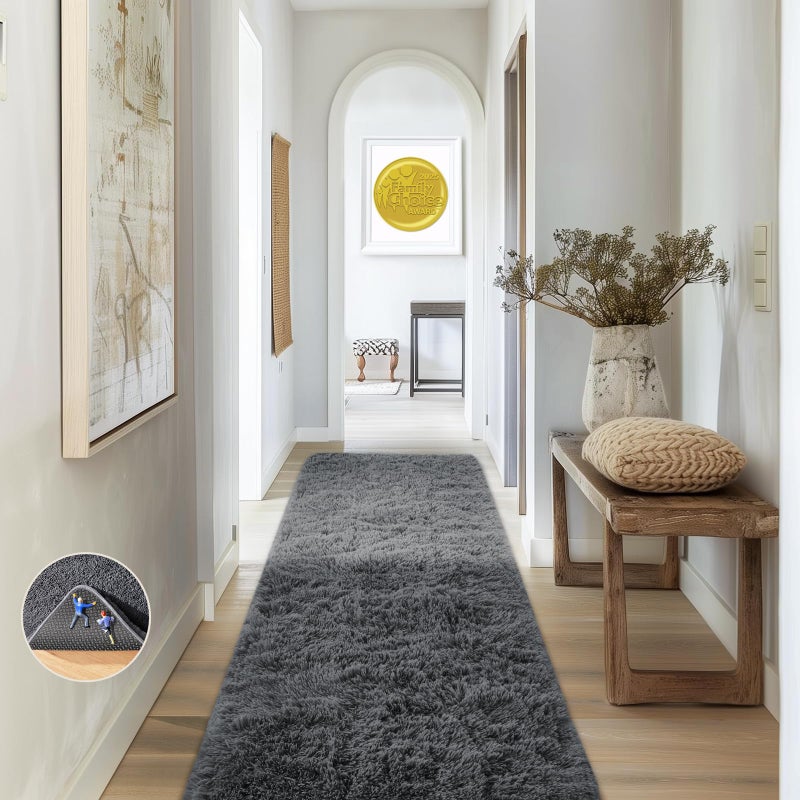 Ophanie Runner Rug for Hallway, 2x6 Upgrade Non-Slip Fluffy Soft Bedside Rugs, Bedroom Living Room Grey Shaggy Gray Carpet for Kids Girls Boys Dorm Nursery Home Decor Aesthetic - Image 1